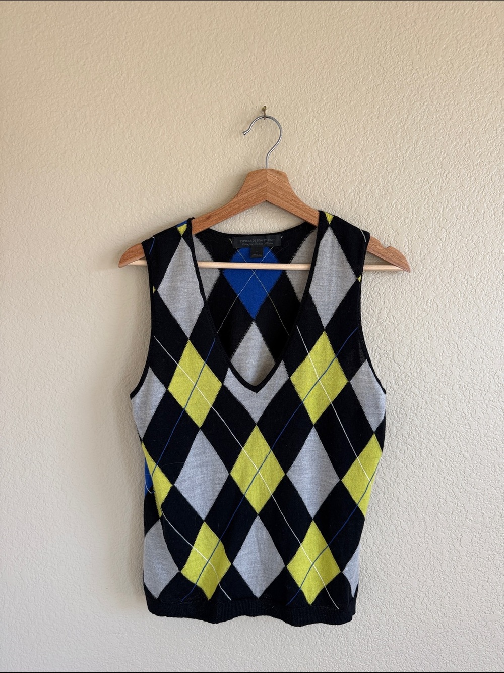 V-Neck Express Design Studio Argyle Sweater Vest in Blue, Black, Gray & Yellow